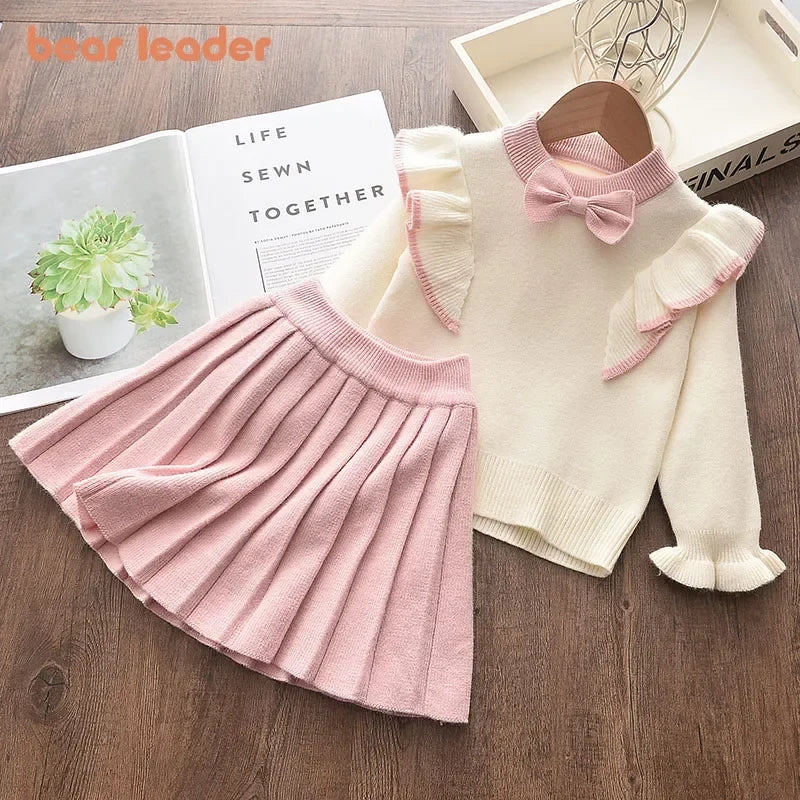 Bear Leader Kids Christmas Sweet Knitwear Suits Girls Baby Plaid Sweaters Coats Suspender Dress Outfits Princess Clothes Sets