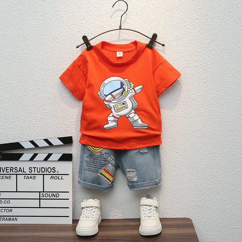 Cartoon Sports T-Shirt + Ripped Denim Shorts Sets