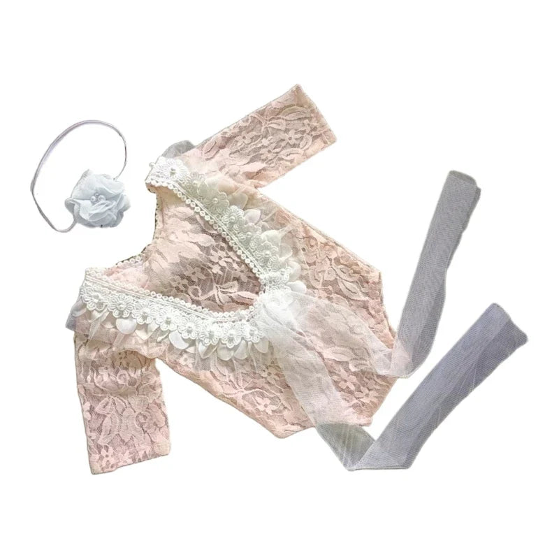 3Pcs Newborn Photography Props Baby Girl Lace Dress Infant Toddler Photo Props Headdress Outfits