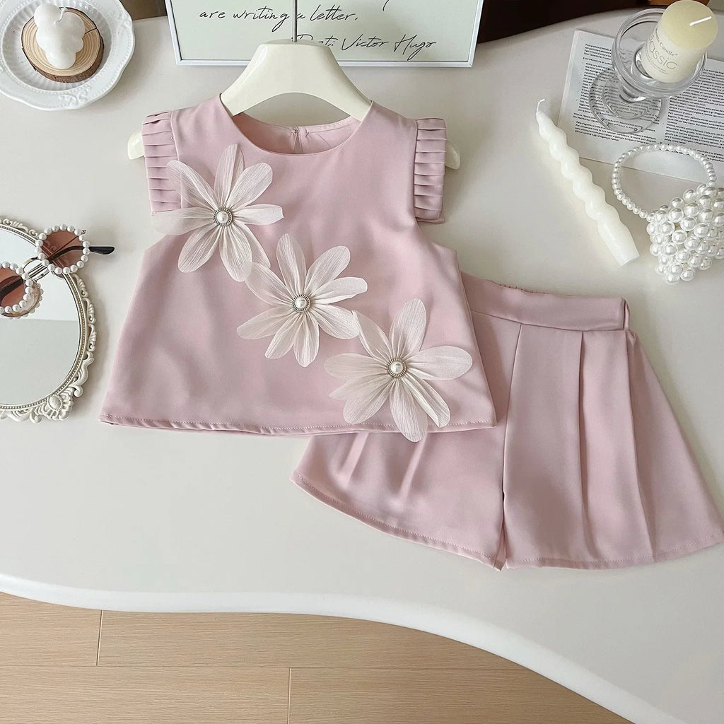 Cute Three Flowers Short Sleeve Tshirt + Shorts 2 PC Sets