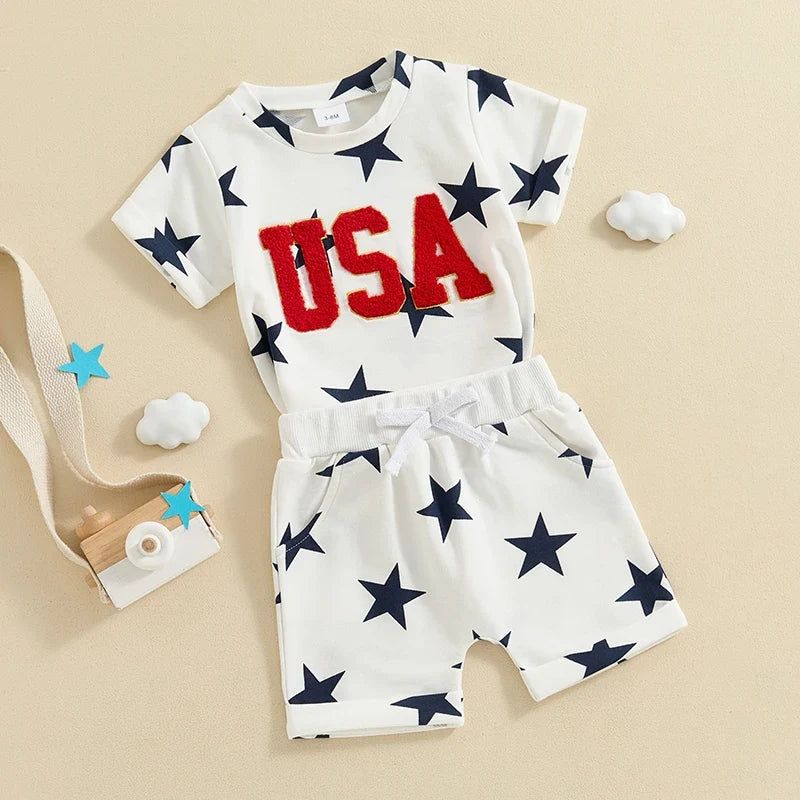 Boys 4th of July Short Sleeve Embroidery Letters T-shirt with Stars Print + Shorts Outfit