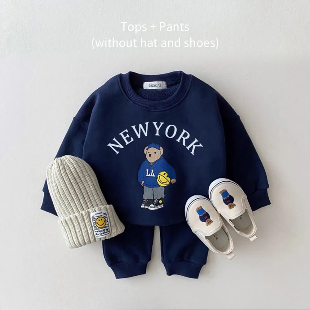 2pcs Letter Bear Long Sleeve Casual Hoodie Sweatshirt+Pants