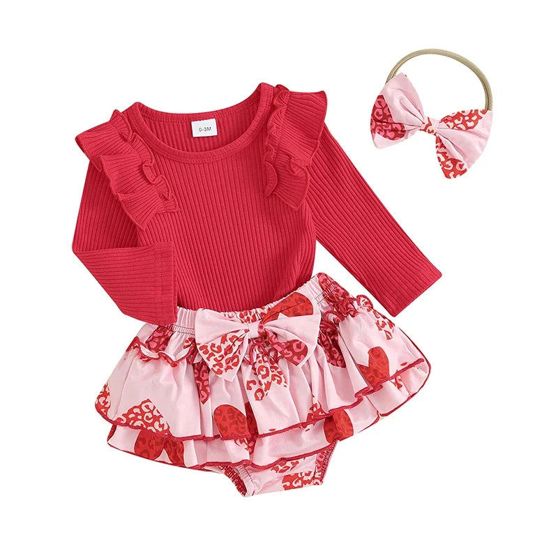 2023-11-03 Lioraitiin 0-18M Newborn Baby Girl Valentines Day Outfit Knit Ribbed Ruffle Romper Layered Tutu Shorts Set 3Pcs