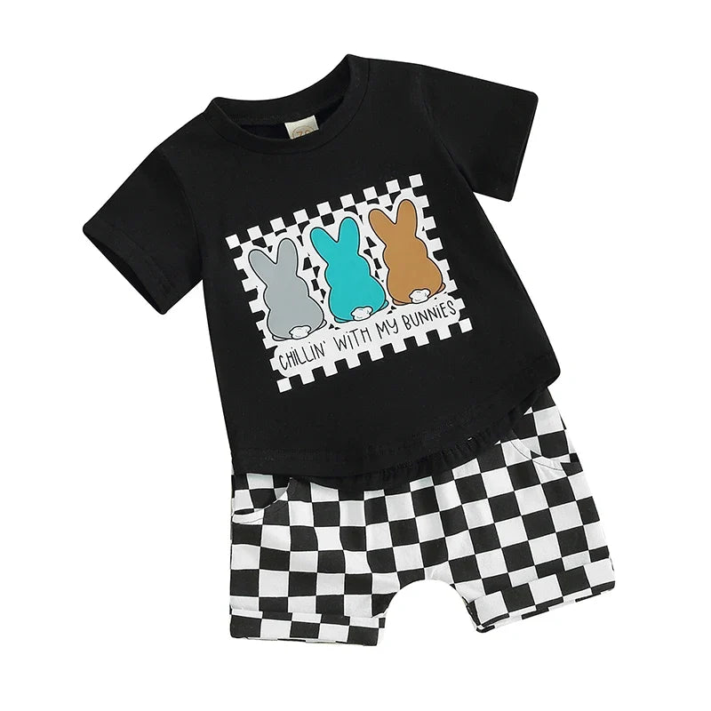 Bunny Print Short Sleeve T-Shirt with Checkerboard Print Shorts
