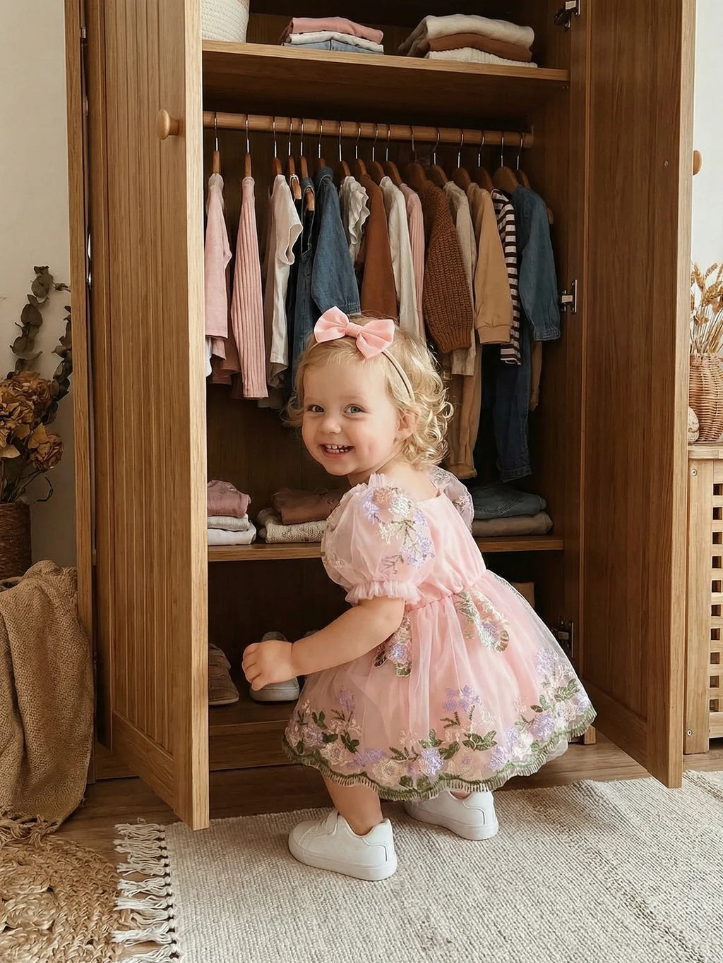 Baby Girl Summer Outfit Flower Embroidered Mesh Short Sleeve Dress and Bow Headband 2 Pcs Set