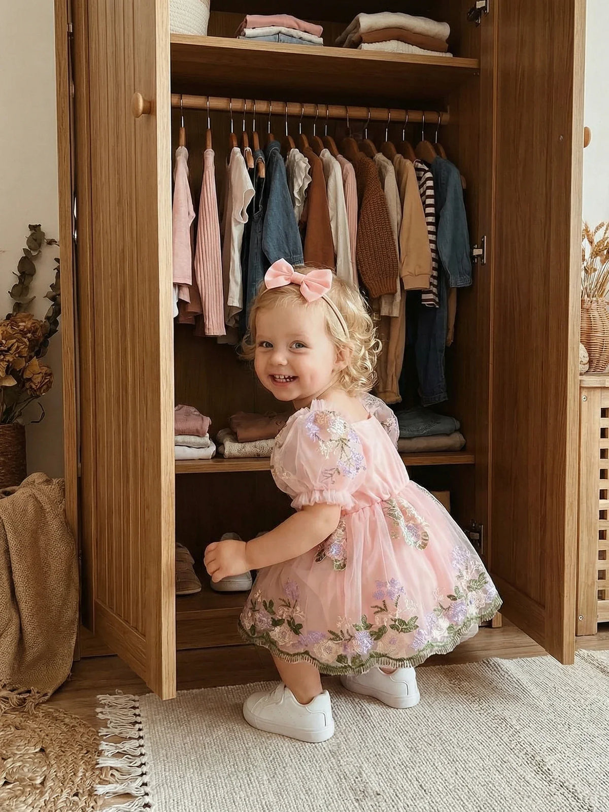 Baby Girl Summer Outfit Flower Embroidered Mesh Short Sleeve Dress and Bow Headband 2 Pcs Set
