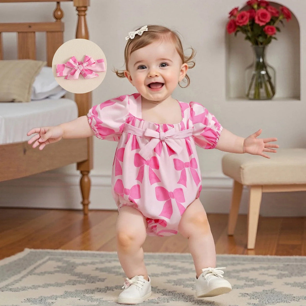 Bow Print Short Sleeve Romper with Headband