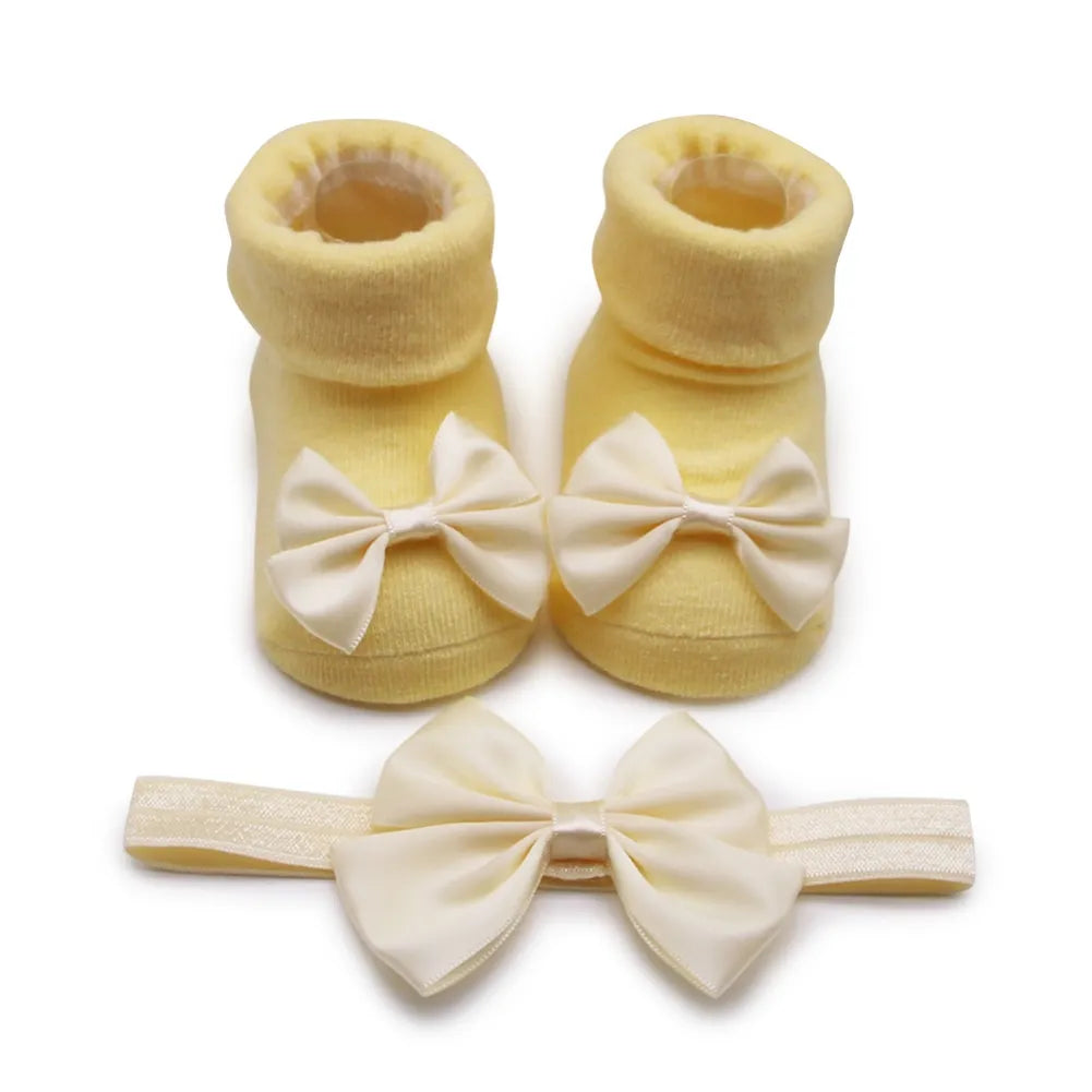 Baywell Fashion Baby Girls Headband + Socks Set 0-12 Months Cute Toddler Princess Socks Autumn Infant Bow-knot Socks
