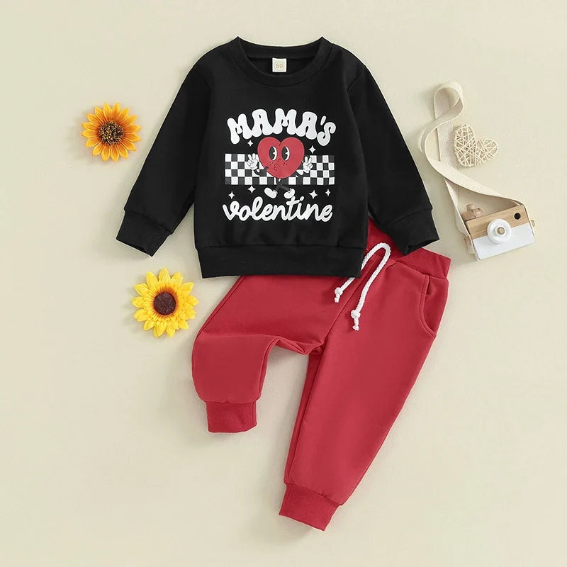 Boy Long Sleeve Mamas Valentine Sweatshirt  and Long Pants Spring Outfits