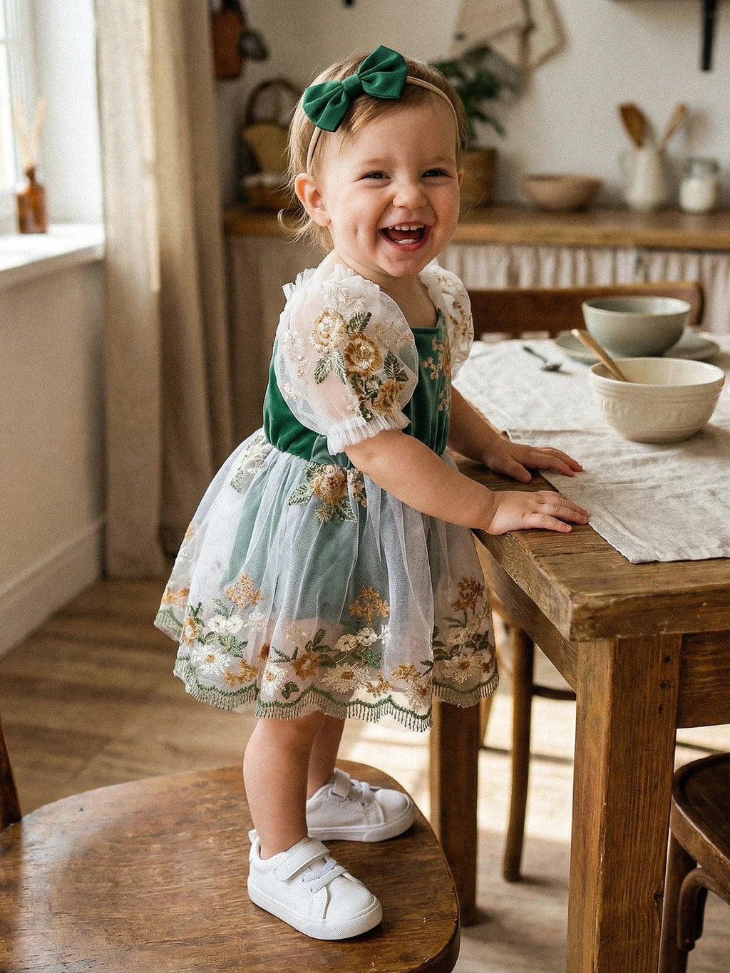 Baby Girl Summer Outfit Flower Embroidered Mesh Short Sleeve Dress and Bow Headband 2 Pcs Set