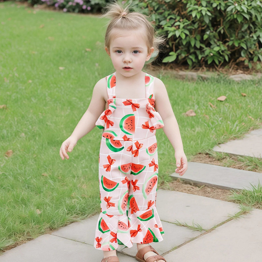 Bell-Bottom Jumpsuit Bow/Watermelon/Strawberry Square Neck