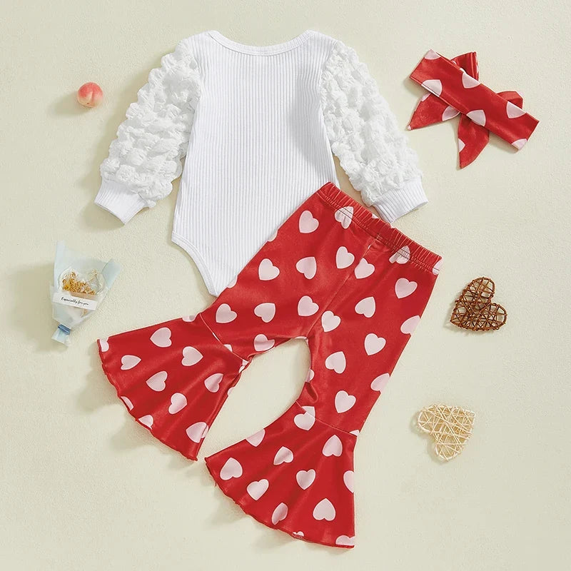 Baby Girls Valentine’s Day Outfits Puff Sleeve Letter Print Romper Pants