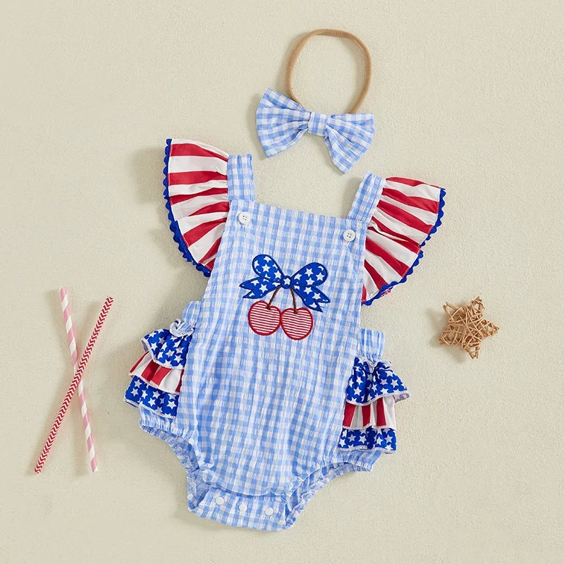 4th of July Romper Cherry Embroidery Plaid Fly Sleeves Jumpsuit and Headband Set