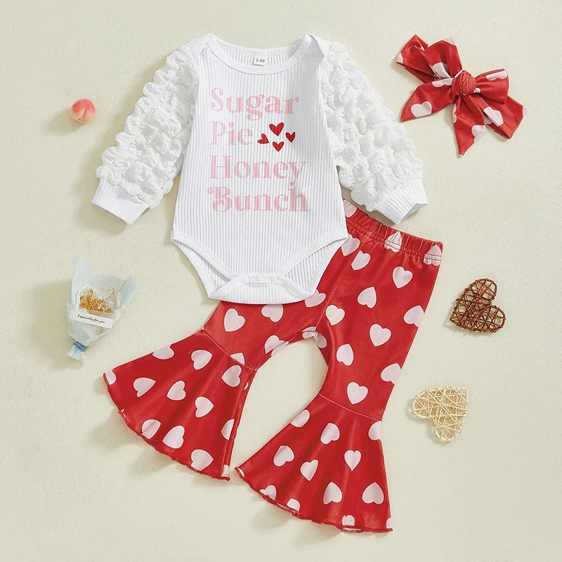Baby Girls Valentine’s Day Outfits Puff Sleeve Letter Print Romper Pants