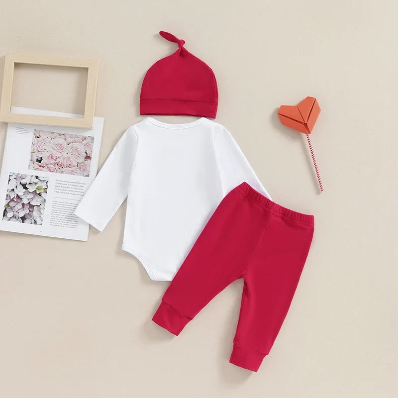 Bow Print Long Sleeve Romper with Pants and Hat Outfit
