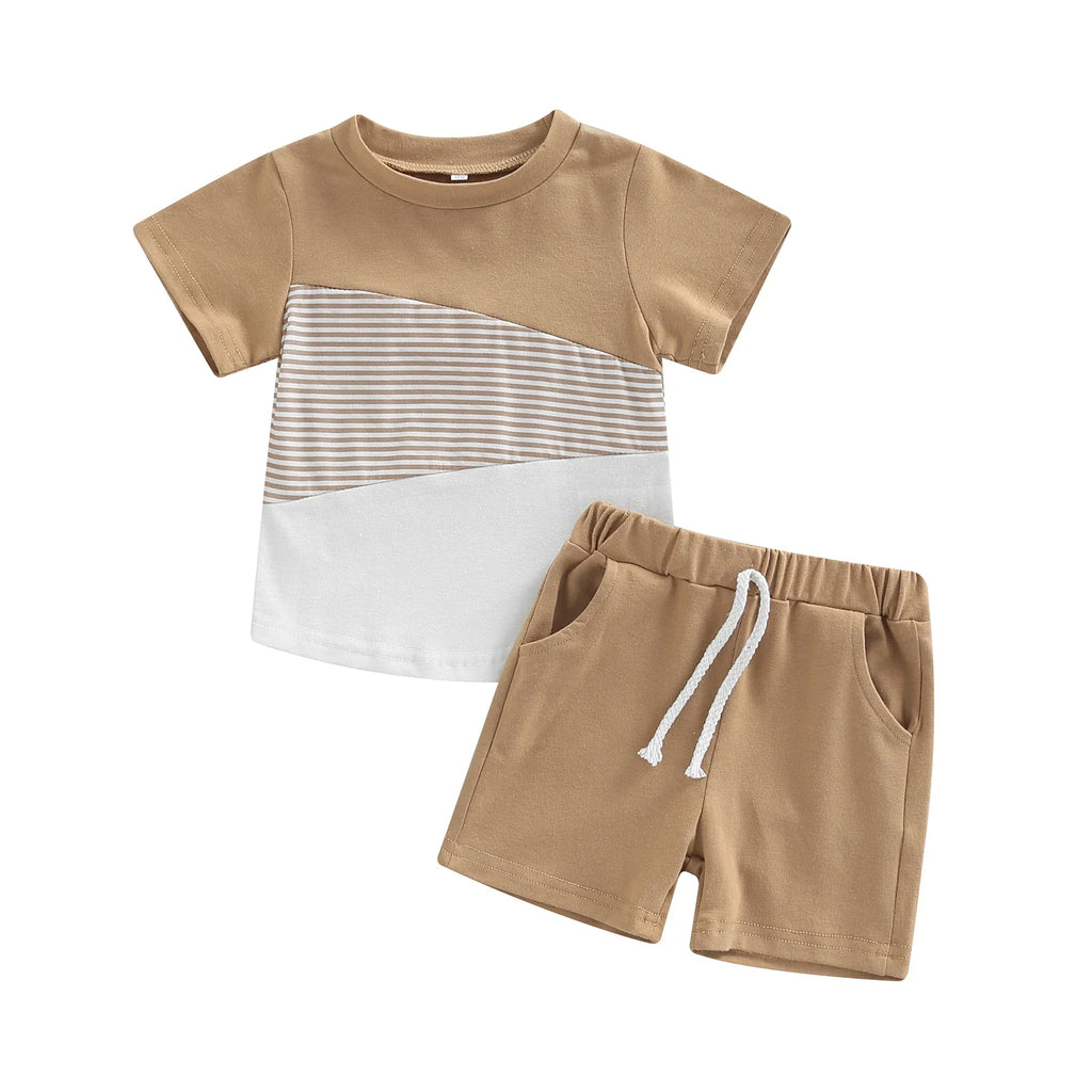 Boys 2PCS Short Sleeve Crew Tees White Straps +Shorts