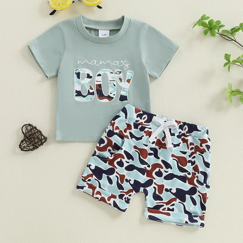 Boys Summer Shorts Sets Short Sleeve Letter Print Tops and Camouflage Shorts Sets