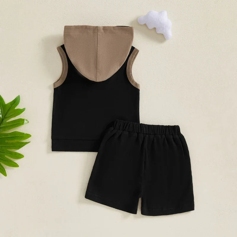 Baby Boy Shorts Set Contrast Color Sleeveless Hooded Tank Tops Elastic Waist Shorts