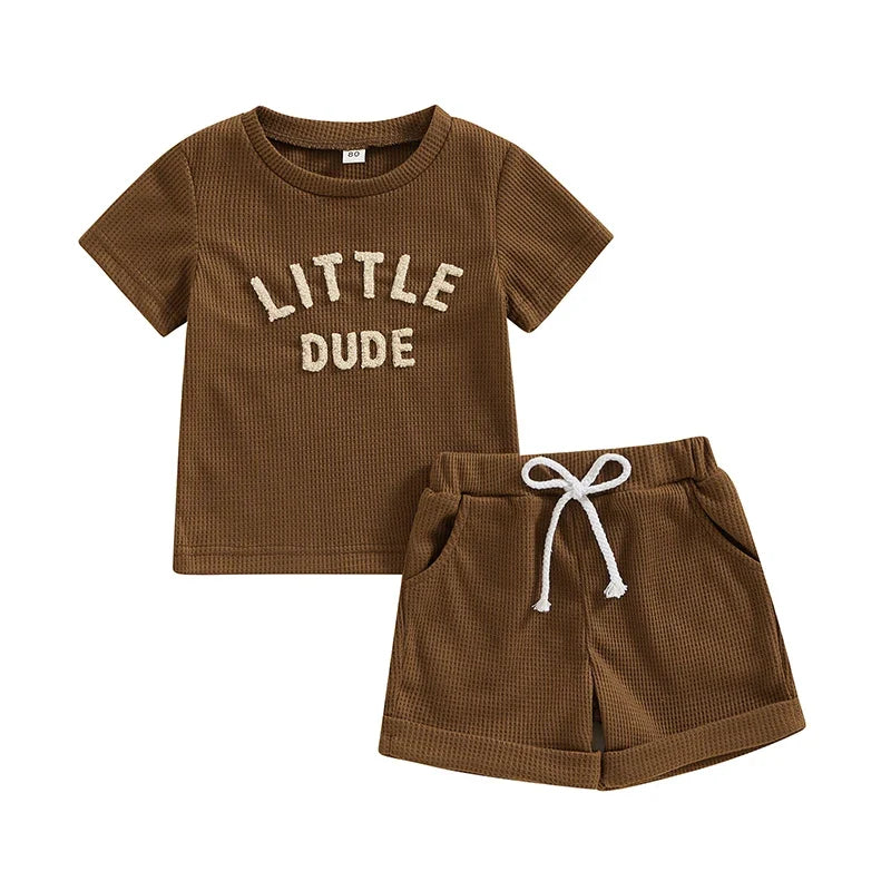 Fuzzy Letter Waffle Short Sleeve T-Shirts Tops Elastic Waist Shorts Set Outfit