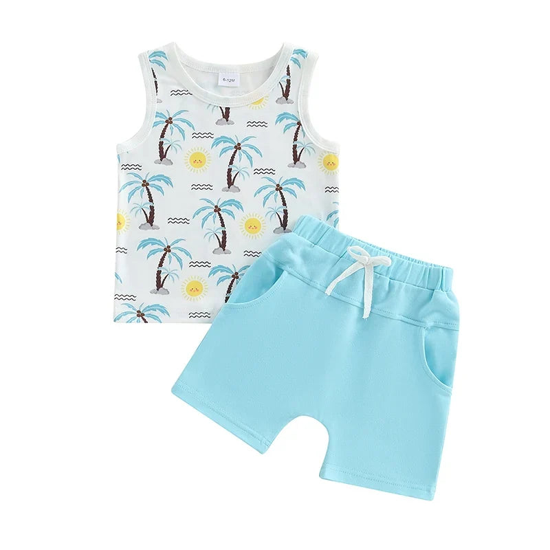 Boy Outfits Beach/Baseball Print Sleeveless Tank Tops and Elastic Shorts Set