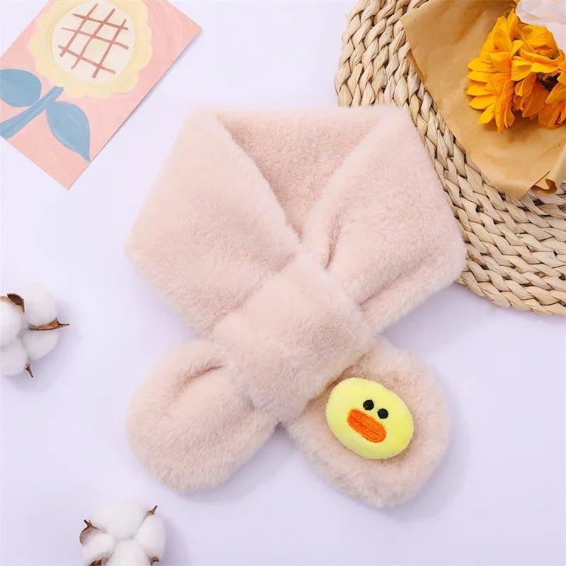 Baby Winter Warm Thicken Scarfs New Children Cute Cartoon Faux Rabbit Fur Cross Collar Scarves Boy Girl Soft Plush Scarf Gift