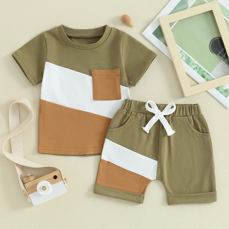 Contrast Color Short Sleeve T-shirt with Elastic Waist Shorts Set