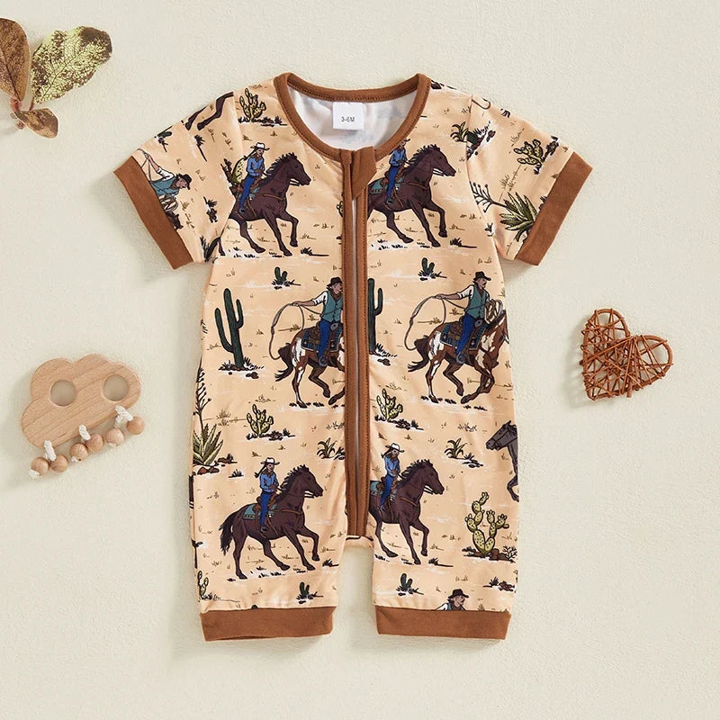 Boy Western Short Sleeve Round Neck Horse Print Jumpsuit
