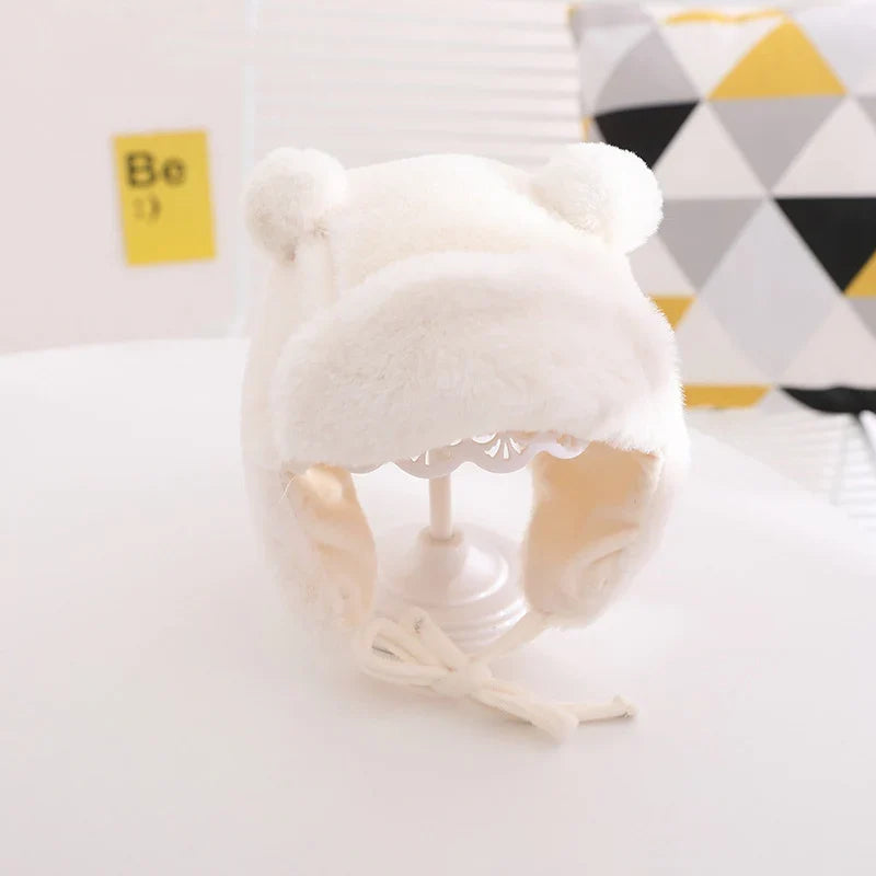Cute Bear Baby Hat Soft Furry Ear Protection Kids Bonnet Hats with Earflaps Winter Warm Lined Infant Girl Boy Beanies Cap