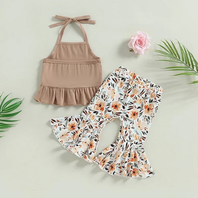 Baby Girls 2Pcs Summer Clothing Set Lacing Halterneck Vest with Flower Print Flare Pants