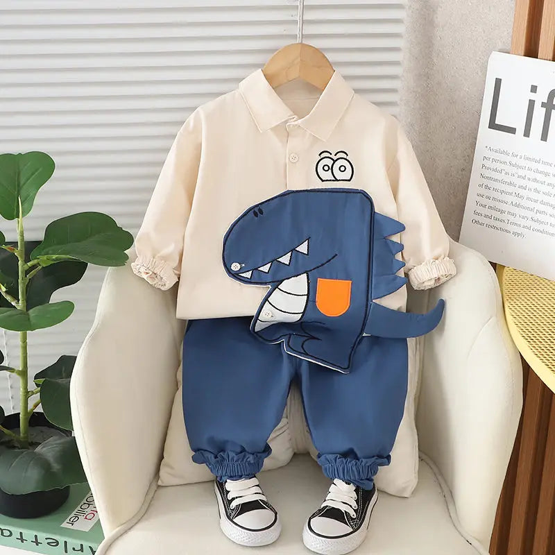 Cotton Sport Patchwork Dinosaur Shirt+  Jeans 2Pcs/Set