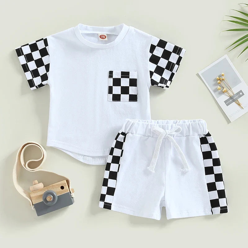 2Pcs Summer Clothes Suits Plaid Patchwork Short Sleeve Crew Neck T-Shirts and Shorts