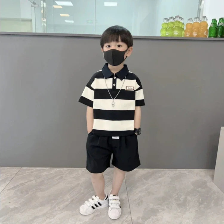 0-4 year old boy POLO shirt set, baby boy stripe short sleeved summer T-shirt+2 shorts Boys' lapel striped short sleeved