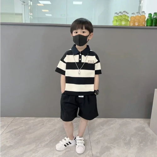 0-4 year old boy POLO shirt set, baby boy stripe short sleeved summer T-shirt+2 shorts Boys' lapel striped short sleeved