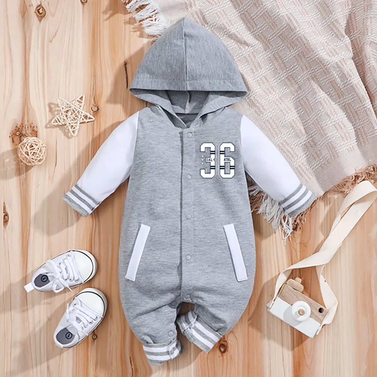 Baby Romper Grey Longsleeve Hooded Baseball Clothes 36 Classic Sport Typography Jersey