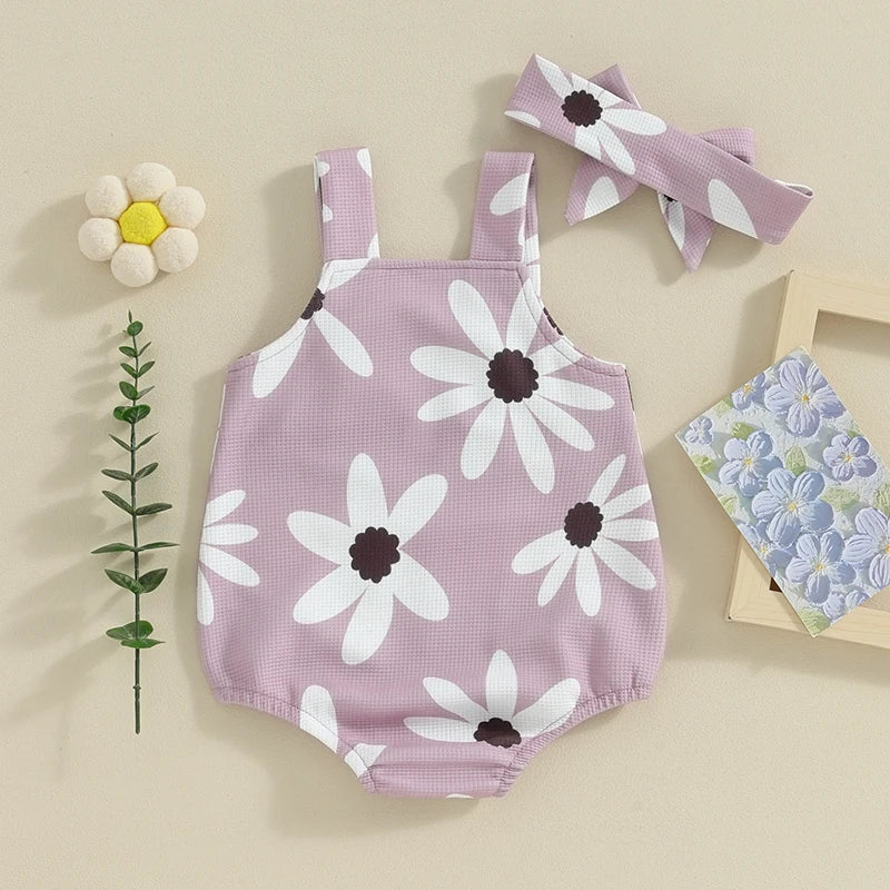 Baby Girl Outfits Sleeveless Floral Print Overalls + Headband