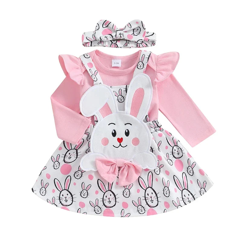 3Pcs Outfits Set Short Sleeve Romper Suspender Skirt With Headband
