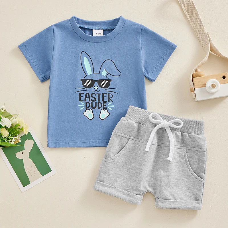 Easter Bunny Print Short Sleeve T-Shirt and Elastic Shorts