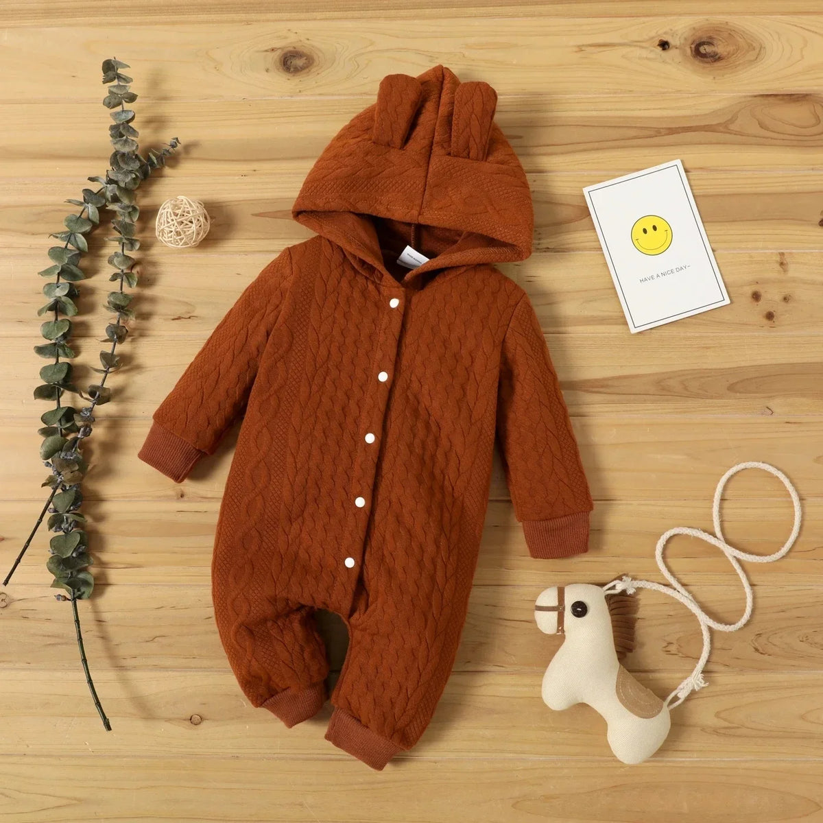 Baby Romper Cute Ears Solid Hooded Long Sleeve Baby Bodysuit