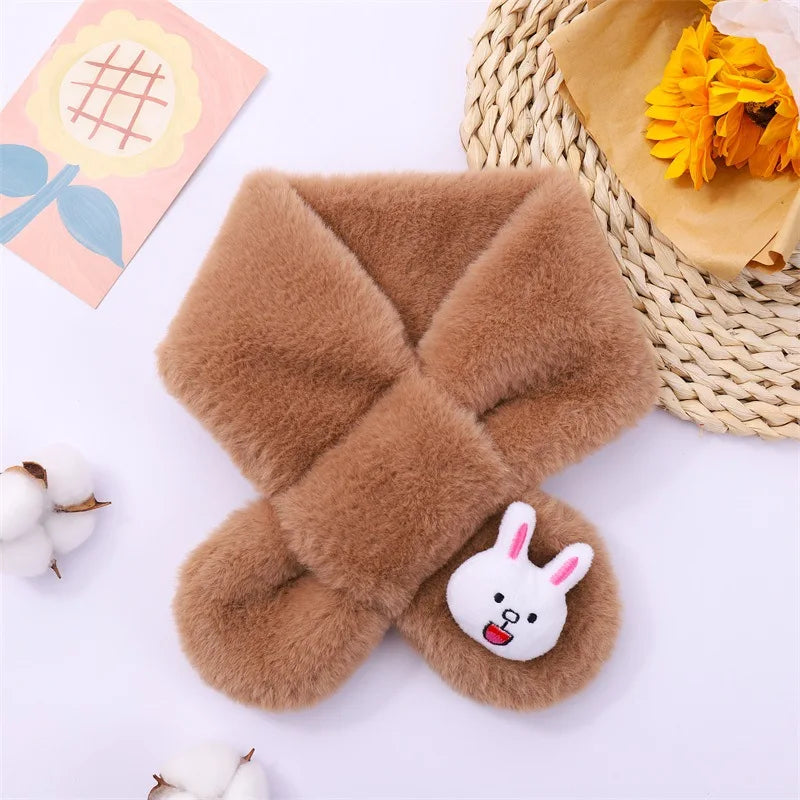 Baby Winter Warm Thicken Scarfs New Children Cute Cartoon Faux Rabbit Fur Cross Collar Scarves Boy Girl Soft Plush Scarf Gift