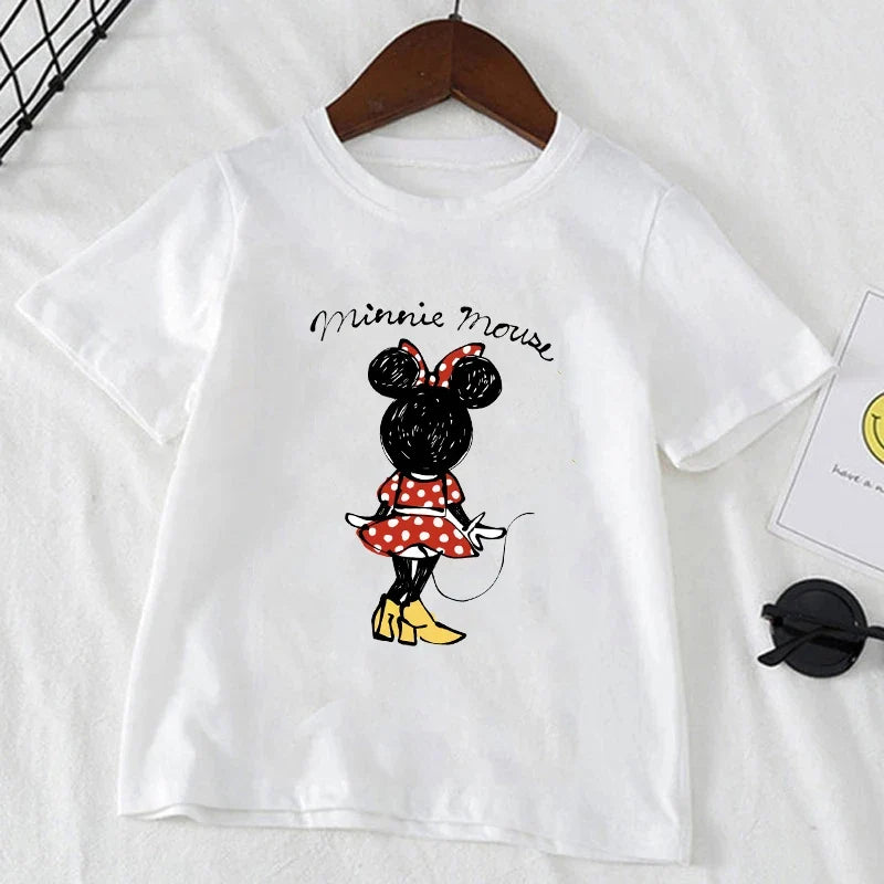 Cute Minnie Mickey Mouse Print Short Sleeve White T-shirt