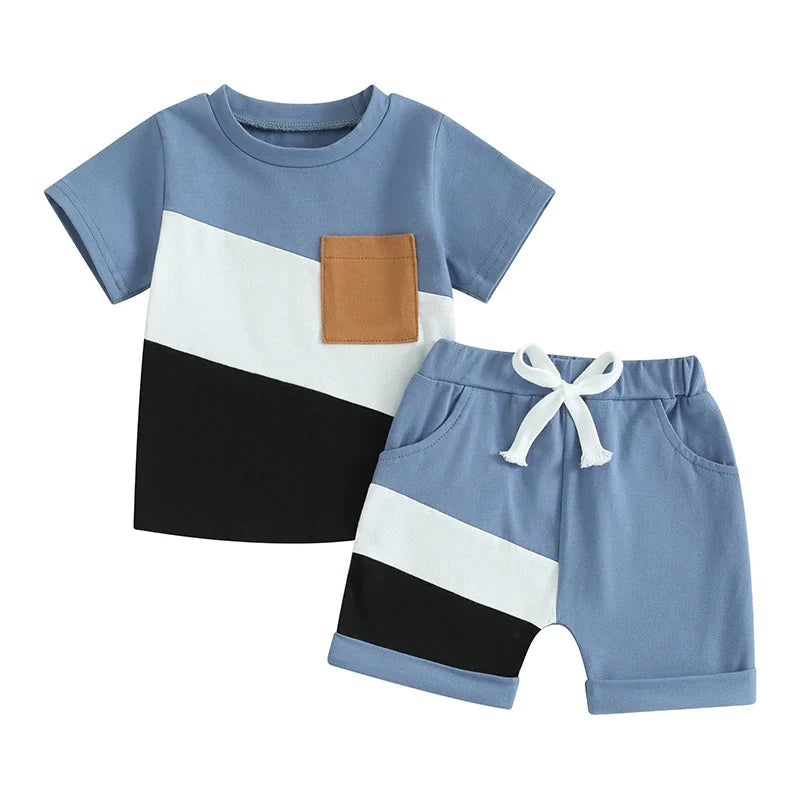 Contrast Color Short Sleeve T-shirt with Elastic Waist Shorts Set