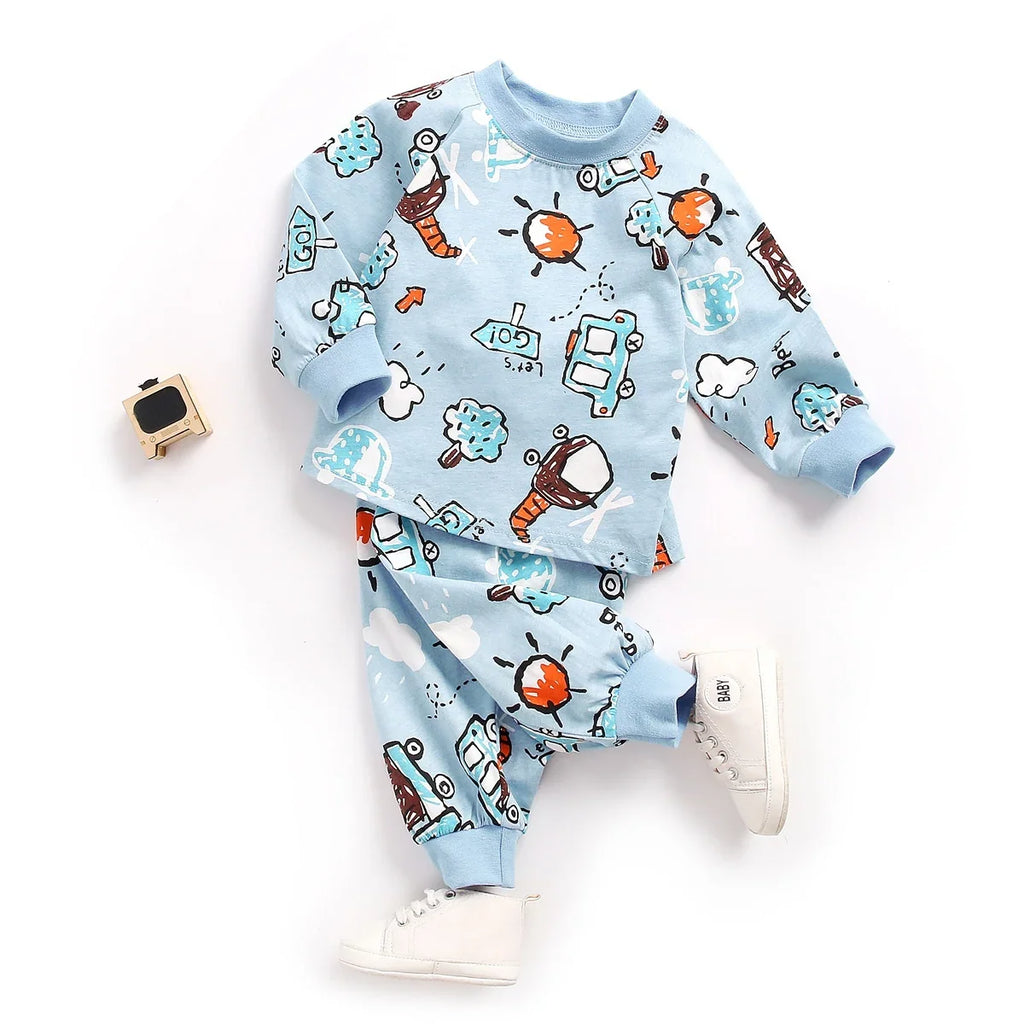 Cotton Long Sleeve Tops + Pants 2Pcs Animals Pajamas