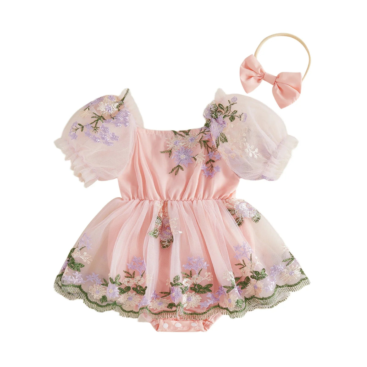 Baby Girl Summer Outfit Flower Embroidered Mesh Short Sleeve Dress and Bow Headband 2 Pcs Set
