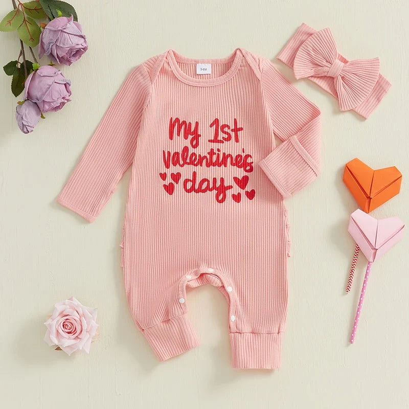 Baby Girl Long Sleeve Letters Heart Print Jumpsuit with Bowknot Headband
