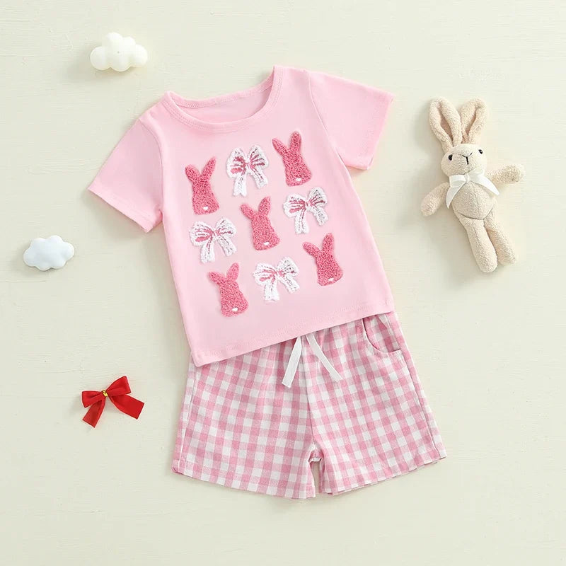 Baby Girl 2Pcs Easter Outfits Short Sleeve Bunny Bow Embroidery T shirt and Shorts