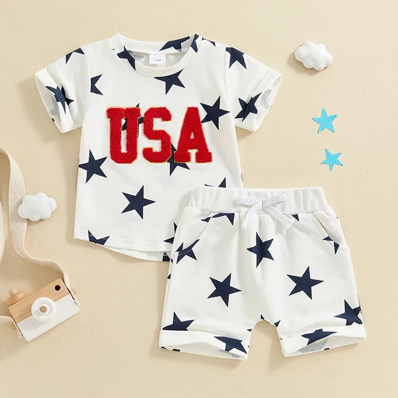 Boys 4th of July Short Sleeve Embroidery Letters T-shirt with Stars Print + Shorts Outfit