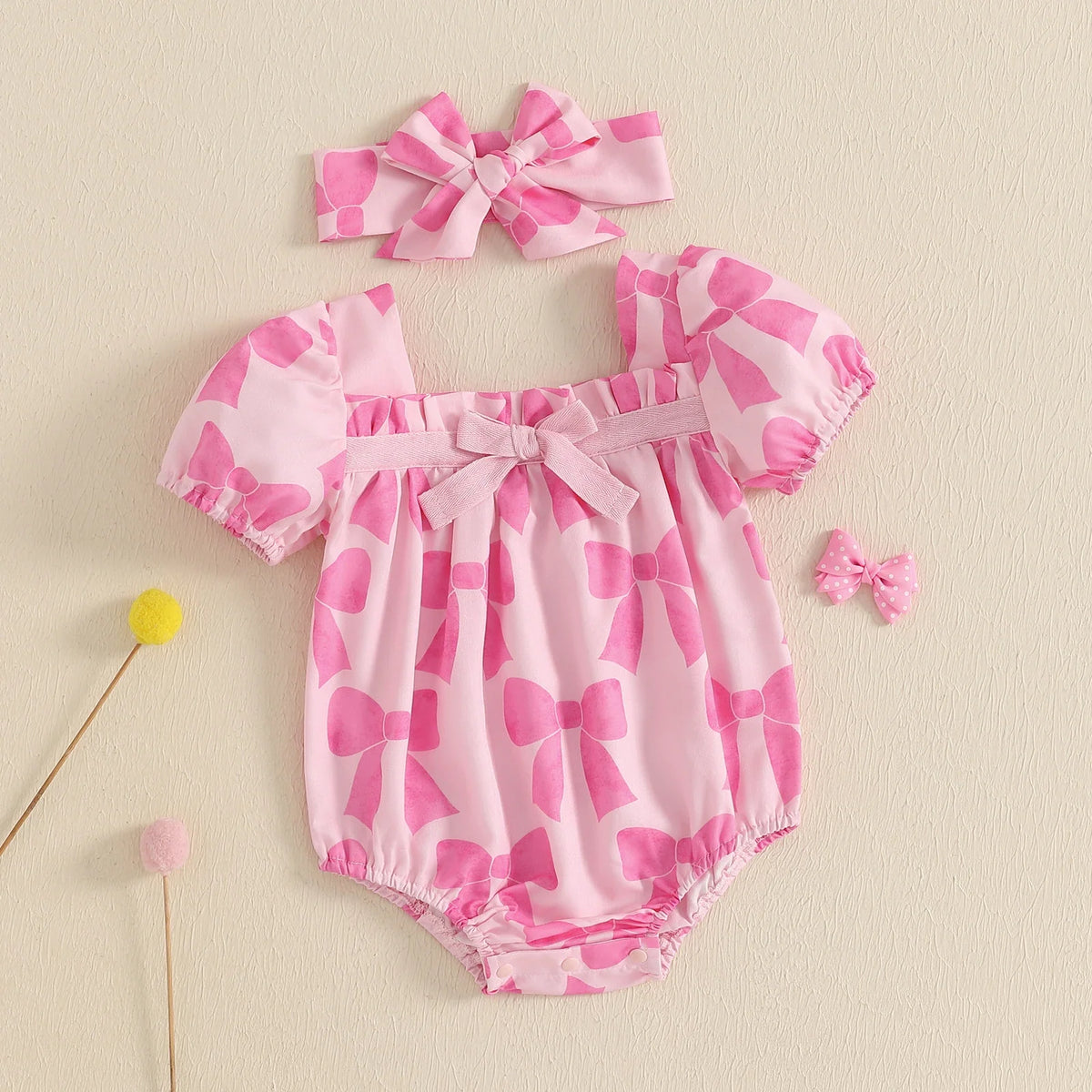 Bow Print Short Sleeve Romper with Headband