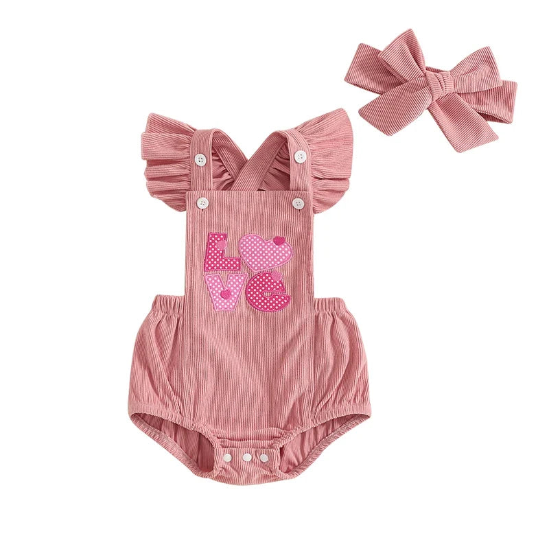 Baby Girl Valentines Day Outfit Heart Letter Embroidered Corduroy Overalls