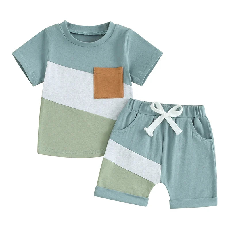 Contrast Color Short Sleeve T-shirt with Elastic Waist Shorts Set