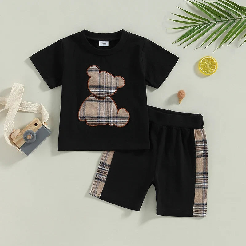 Bear Plaid T-shirt with Shorts for Casual Daily
